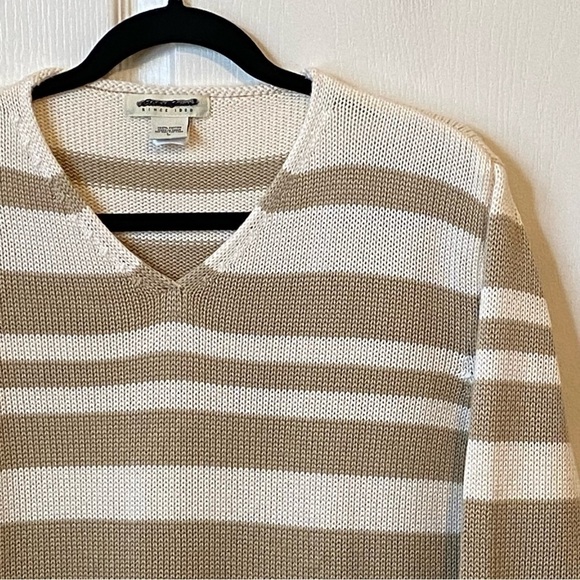 Eddie Bauer Knit Cream and Tan Striped Cotton Sweater Size Large - Picture 3 of 11